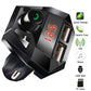 Black car Bluetooth transmitter with green call button, red LED screen, USB and TF slots