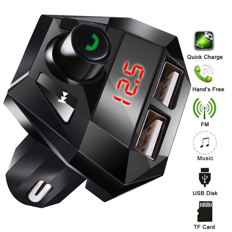 Black car Bluetooth transmitter with green call button, red LED screen, USB and TF slots