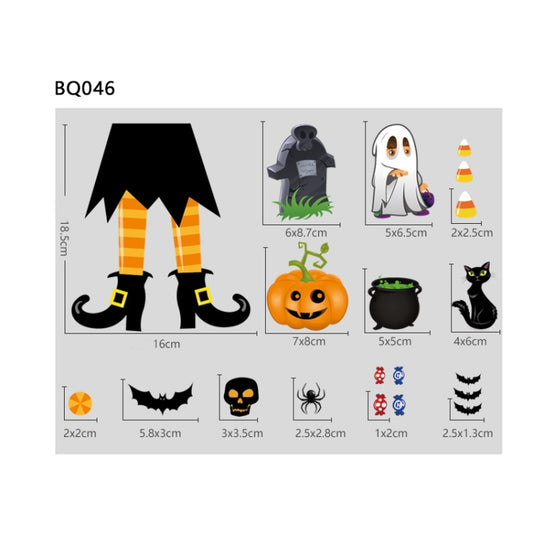 Halloween sticker sheet: robe witch, skeleton, jack-o'-lantern, black cat, bats, skull