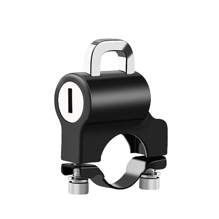 Black helmet anti-theft lock with silver U-shaped shackle and key cylinder