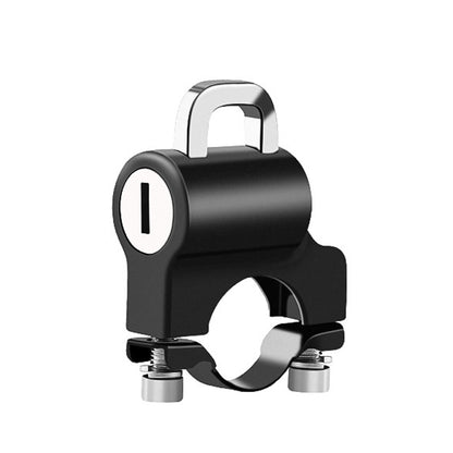 Black helmet anti-theft lock with silver U-shaped shackle and key cylinder