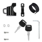 Helmet lock kit with black housing, metal bracket, two keys, screws, and key ring