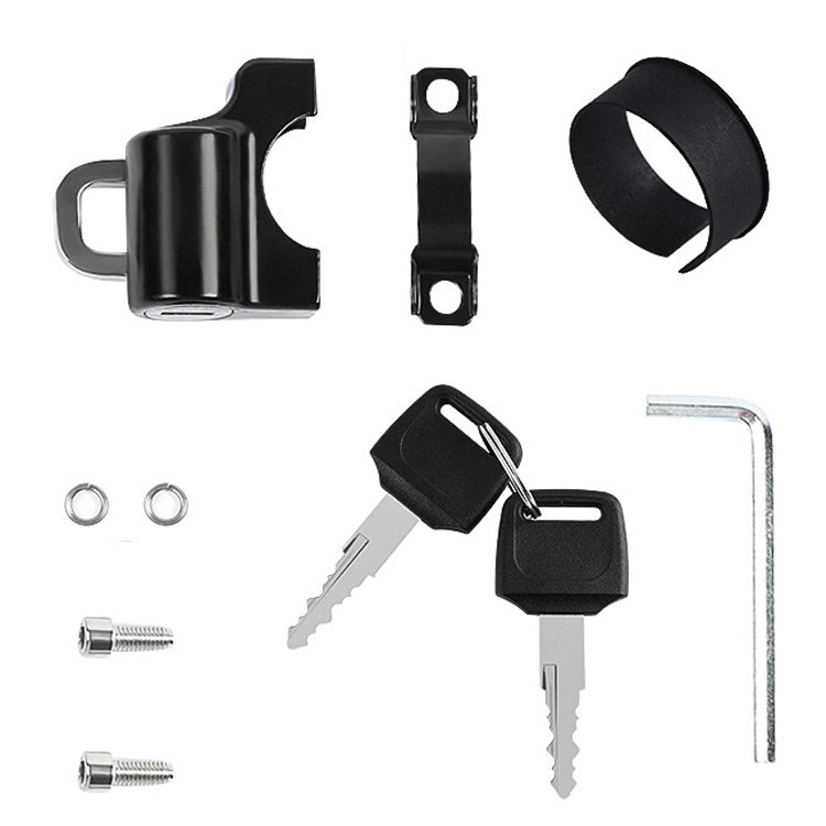 Helmet lock kit with black housing, metal bracket, two keys, screws, and key ring