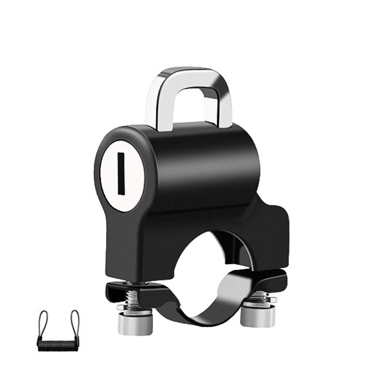 Black helmet anti-theft lock with silver shackle and attached reminder rope