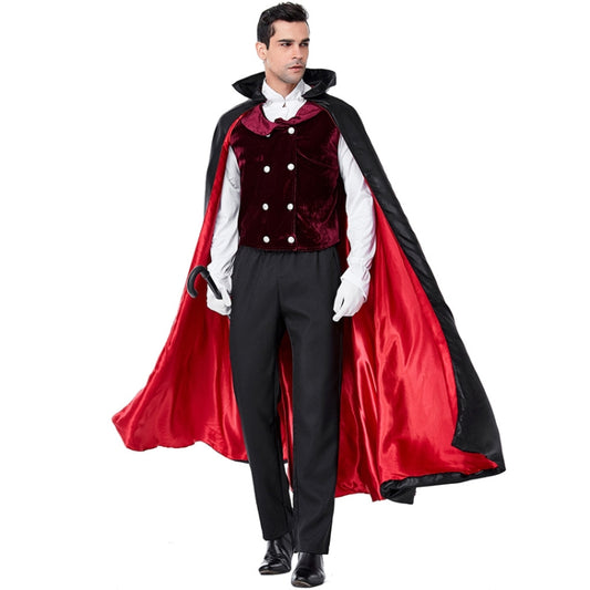 Men's vampire costume with red velvet vest, black cape, and silver-button front