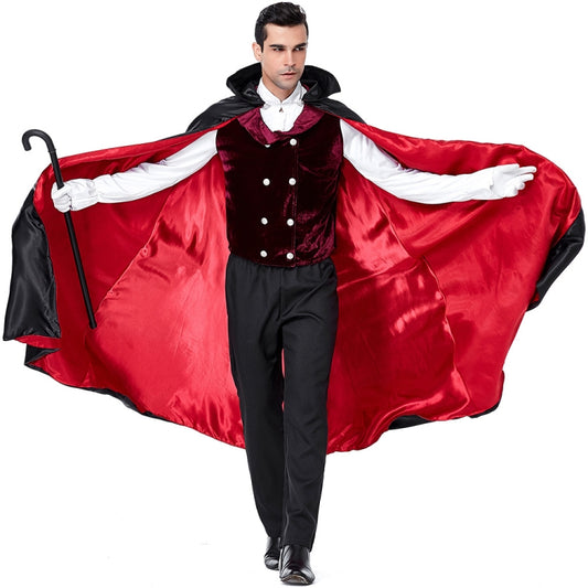 Men's vampire costume with wide red-and-black cape draped open over shoulders