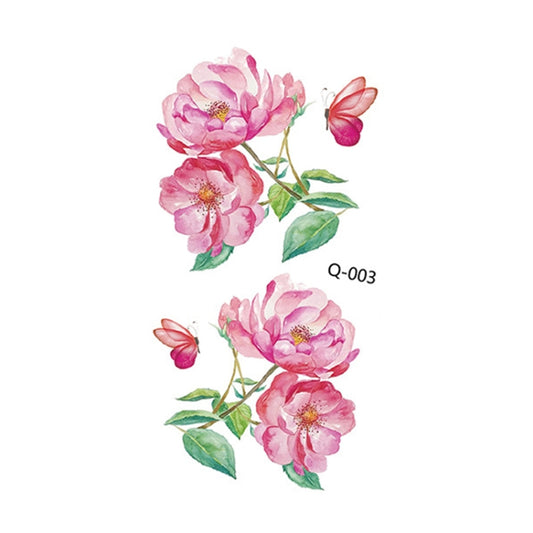 Waterproof flower tattoo stickers, Q-003: pink blooms with butterflies and green leaves