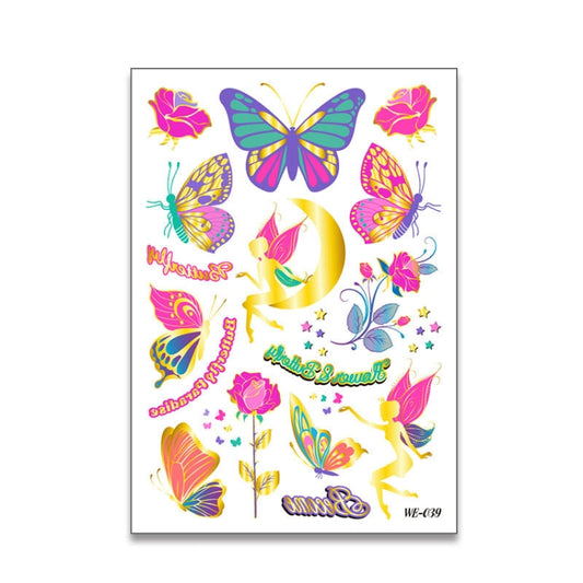 Kids butterfly and fairy water-transfer tattoo sticker sheet with mixed pastel floral accents