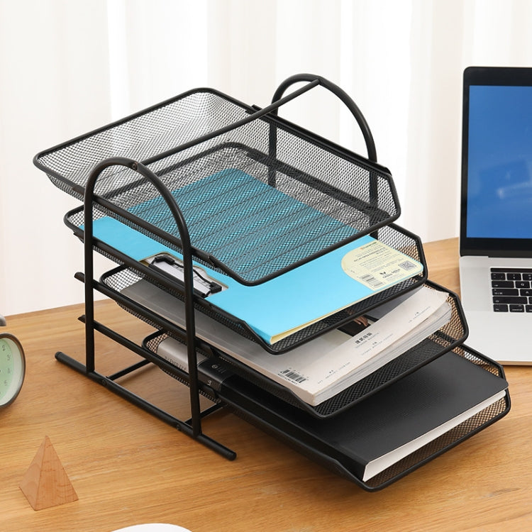 Multi-layer metal mesh file rack with pull-out top tray, black frame for documents
