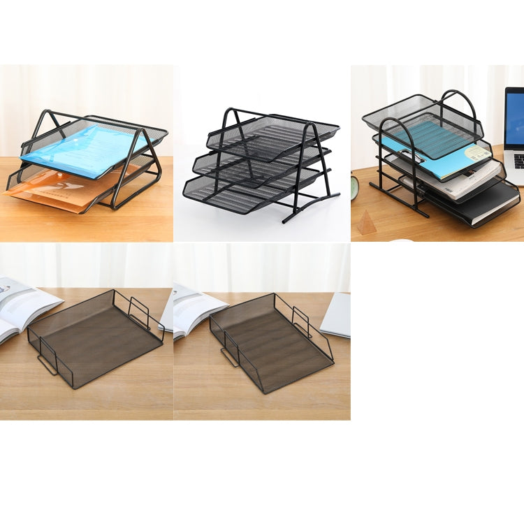 Multi-layer metal mesh file tray rack shown in different angles on a desk