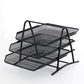 Three-tier metal mesh file rack with curved frame, dark finish, standing on legs
