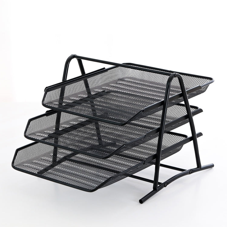 Three-tier metal mesh file rack with curved frame, dark finish, standing on legs