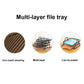 Multi-layer wire file tray rack promotional graphic with three product feature views