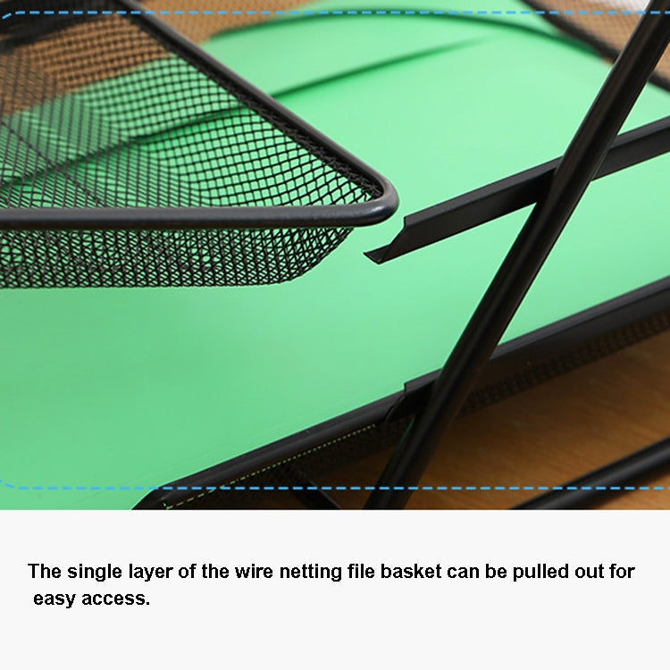 Close-up of pull-out wire file tray with metal support arms and mesh surface
