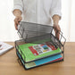 Hands holding a metal mesh file tray rack with stacked papers on the organizer