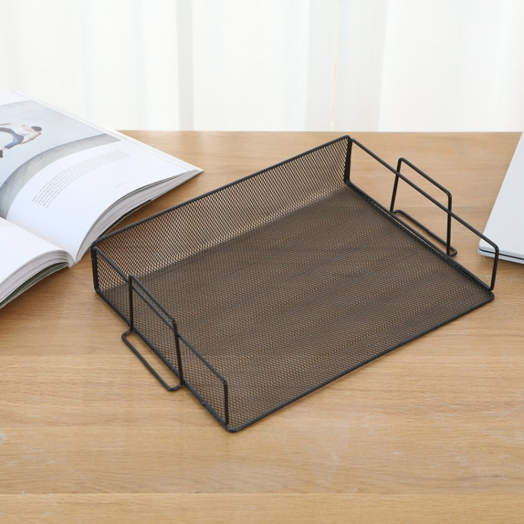 Single-tier metal mesh file tray rack with side handles, flat on a desk surface