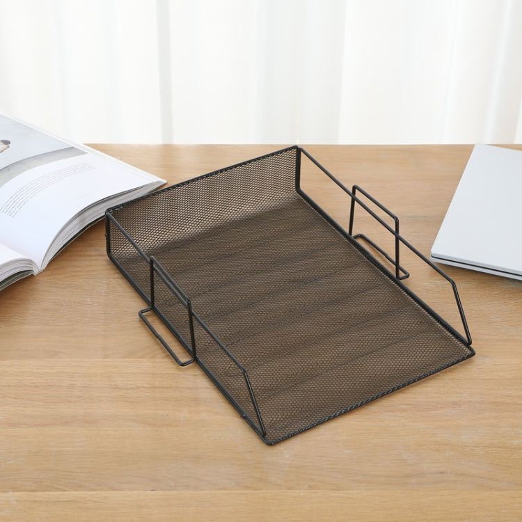 Rectangular metal mesh file tray rack with raised side supports, desk-top organizer