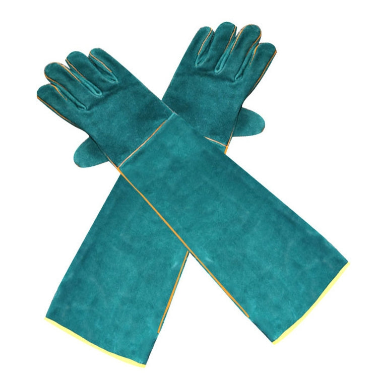Teal suede-like five-finger pet bite protection gloves with long sleeves and yellow trim