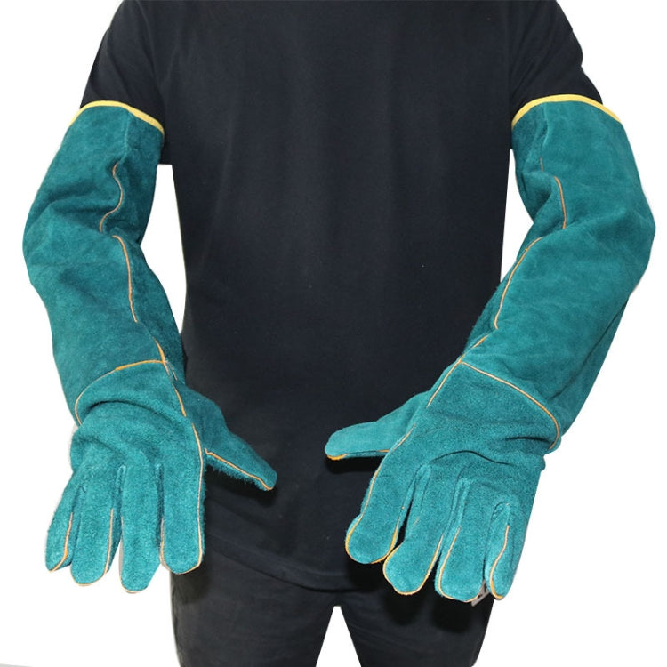 Pair of teal five-finger gloves with extended cuffs and yellow contrast stitching