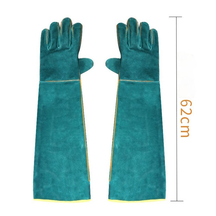 Teal 62 cm long five-finger gloves with yellow edge trim, pair view