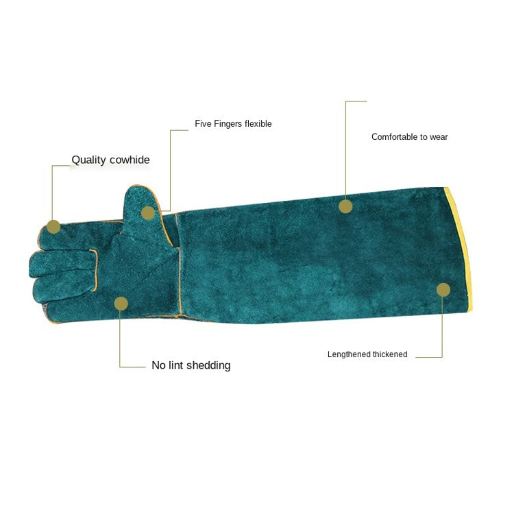 Teal long five-finger pet gloves with reinforced seams and yellow binding along edges