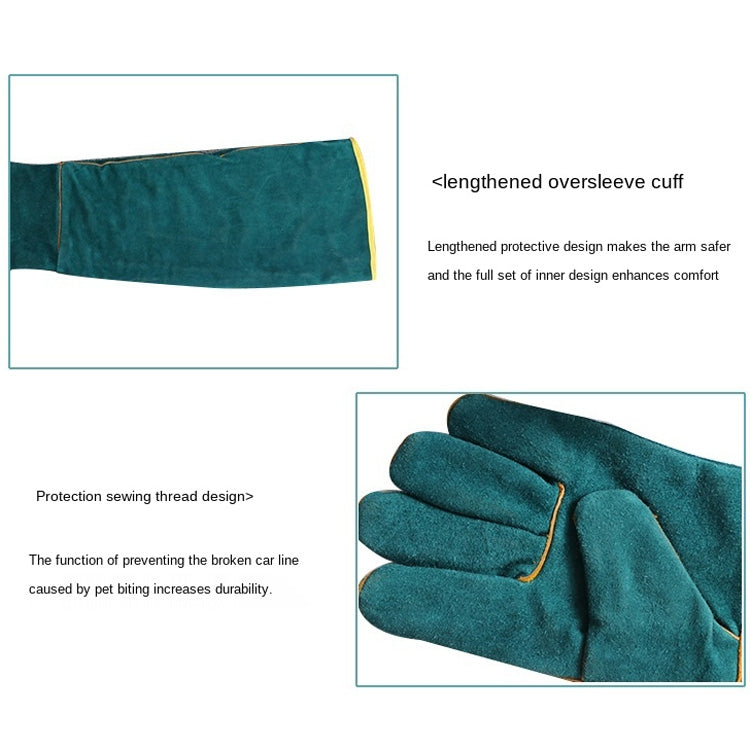 Teal long protective gloves with five fingers, padded palm panels, and yellow edge stitching