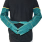 Teal five-finger gloves with long cuffs and yellow contrast seam lines