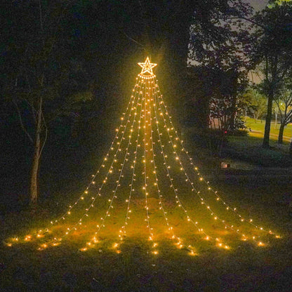 Outdoor LED star waterfall lights with warm yellow glow cascading in cone shape