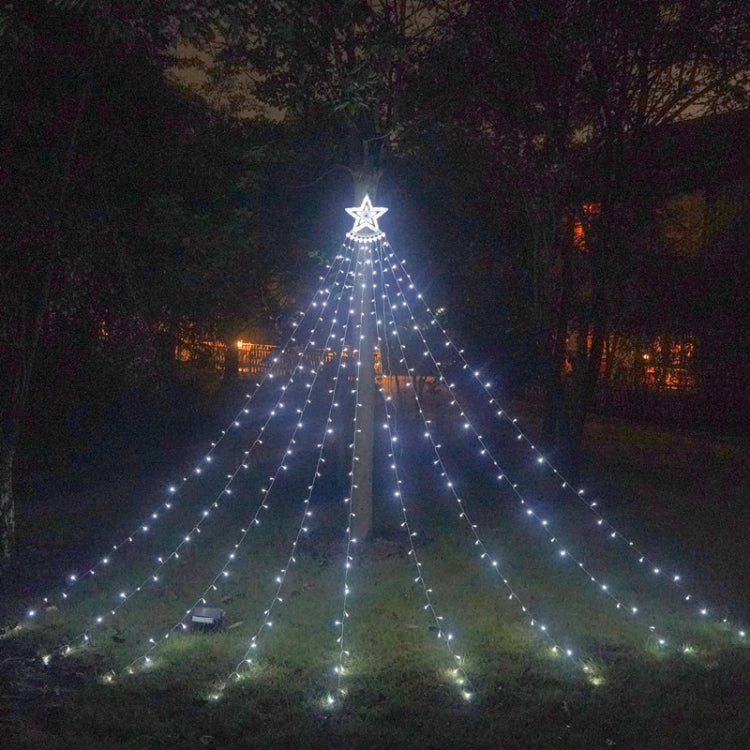 Outdoor LED star waterfall lights with cool white cascading strands forming a cone