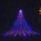 Outdoor LED star waterfall lights with RGB colors cascading in a cone tree shape