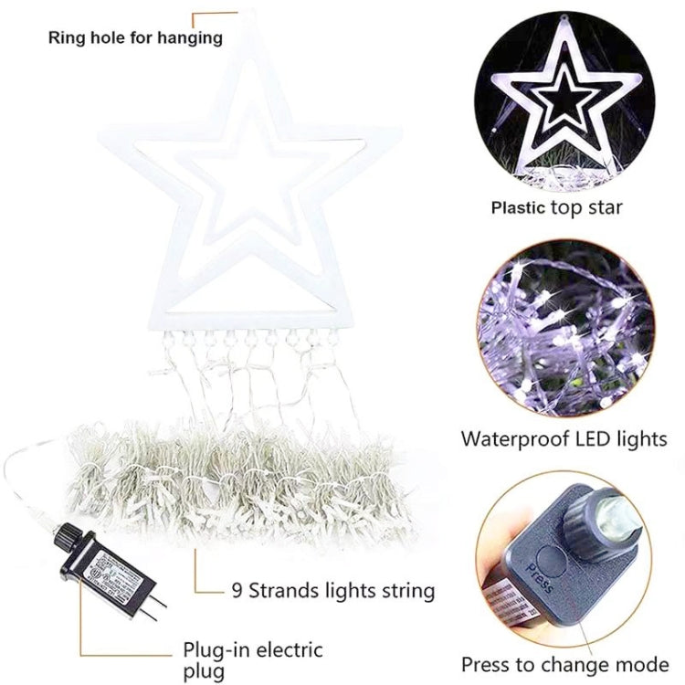 LED star waterfall light kit with plastic star top, waterproof LED strands, and plug-in adapter