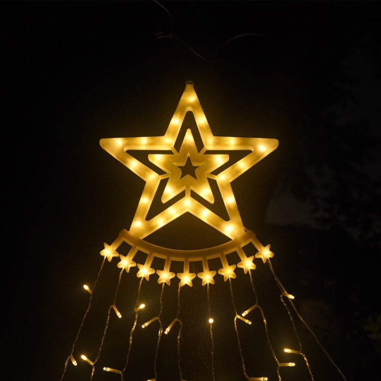 Warm LED star topper waterfall lights with glowing star and vertical falling strand lights