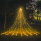 Outdoor LED star waterfall lights with warm yellow star topper and falling light strands