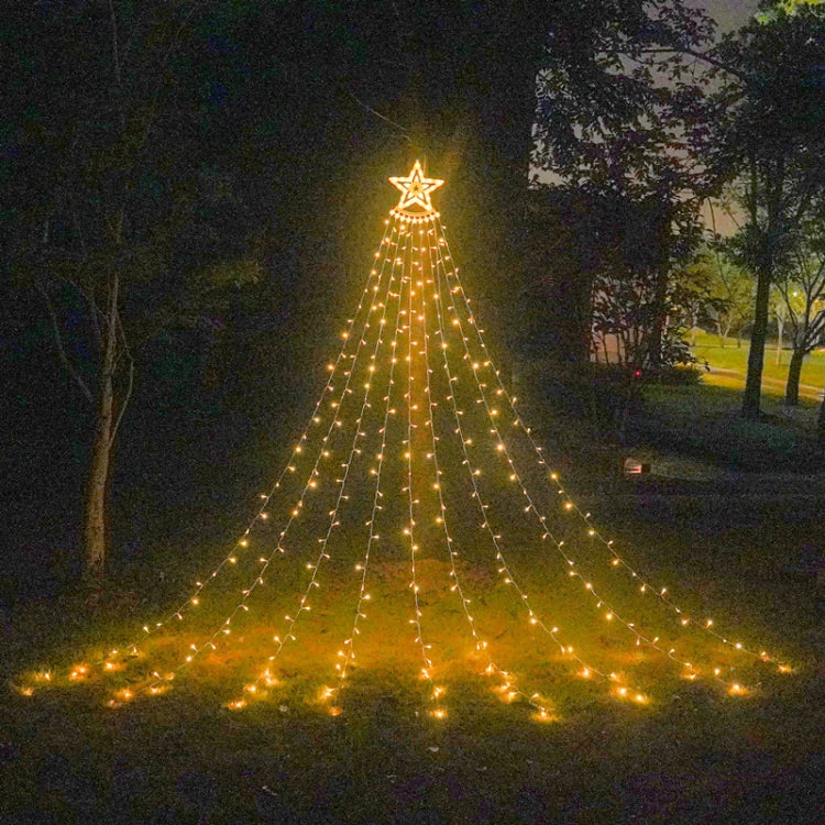 Outdoor LED star waterfall lights with warm yellow star topper and falling light strands