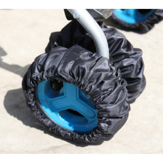 Black stroller wheel cover with elastic opening, fitted over blue wheel