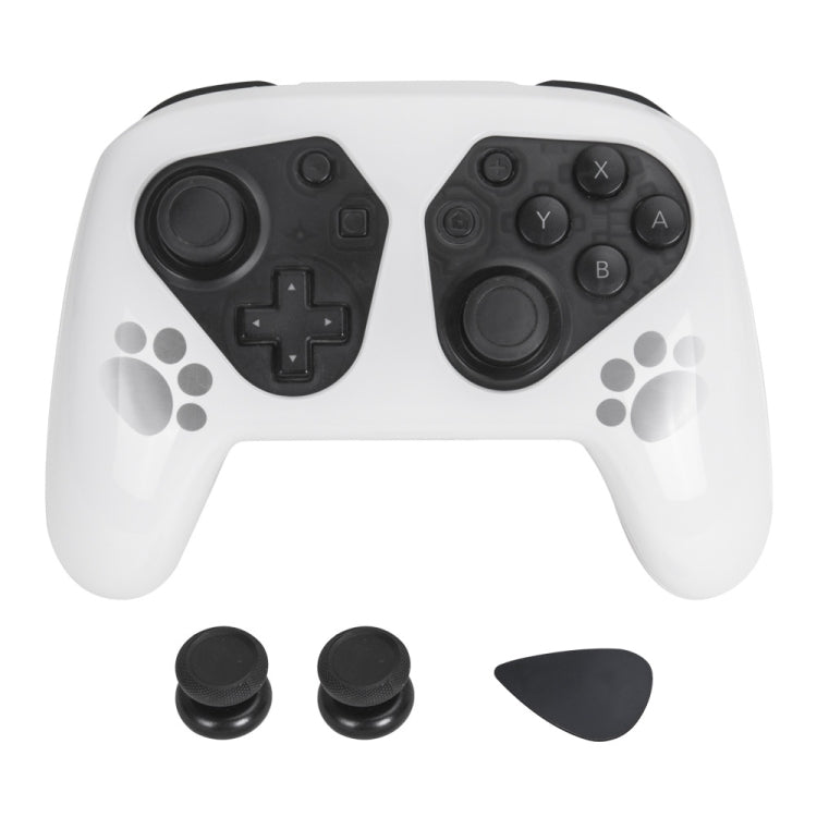 White controller case with paw prints, plus included black thumbstick caps and rocker cap
