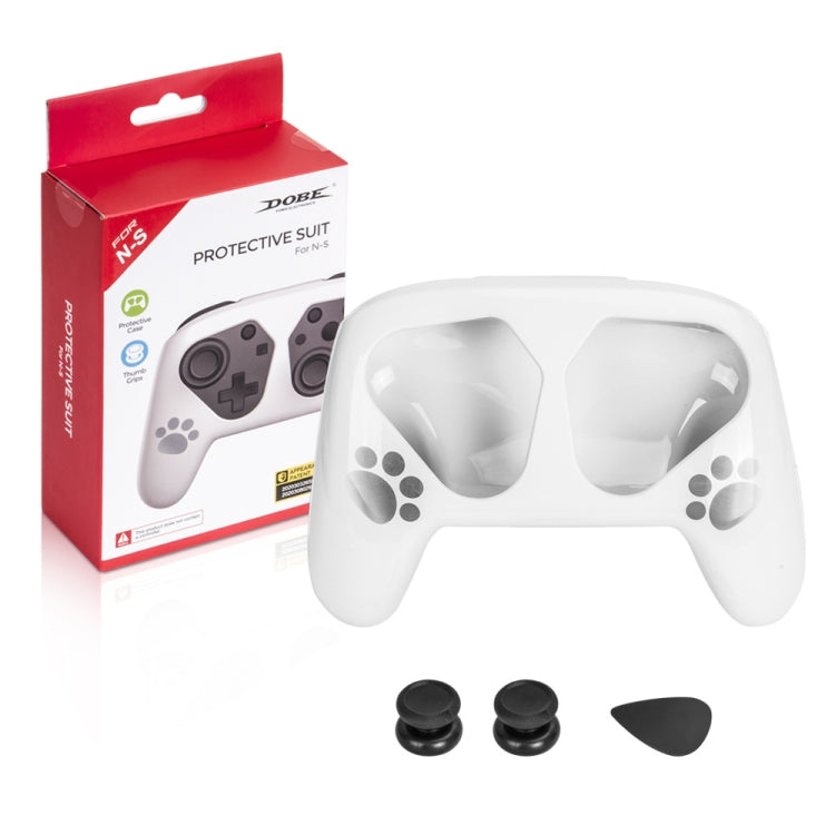 White controller protection case with paw prints, shown with packaging and included parts
