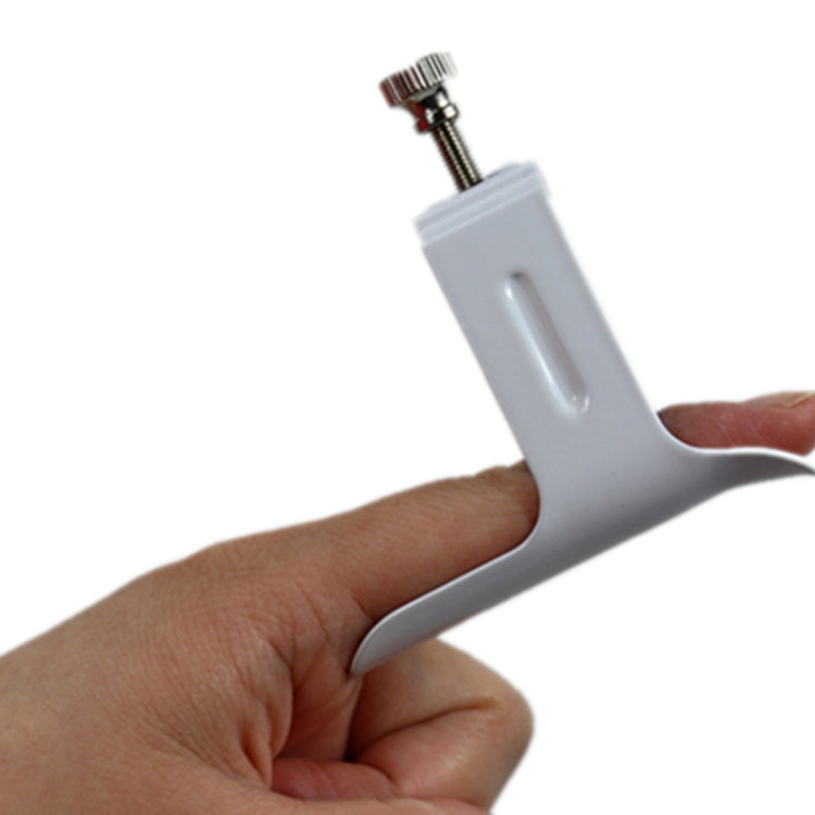 Finger splint brace worn on hand with white support arm and threaded adjustment top