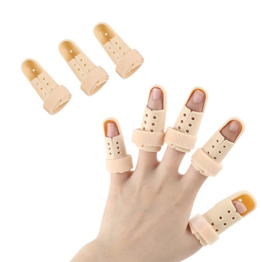 Adjustable finger splint set, beige braces with hook-and-loop straps on hand