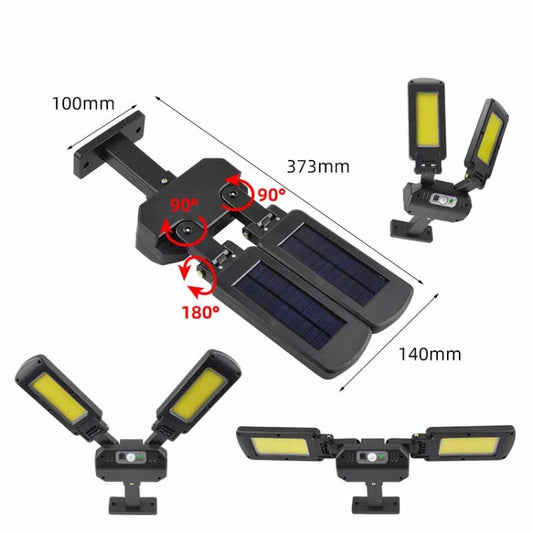 Solar wall light with two heads, adjustable angles and size diagram