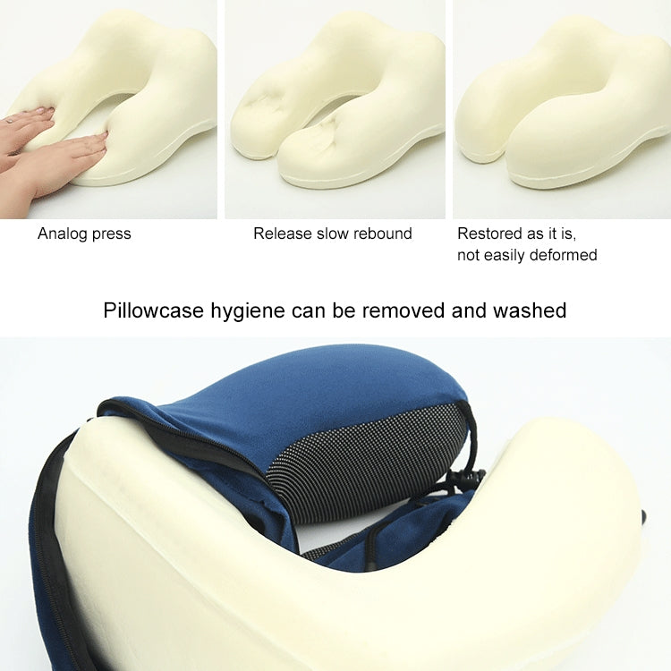 Blue U-shaped travel memory foam pillow with removable, washable outer cover