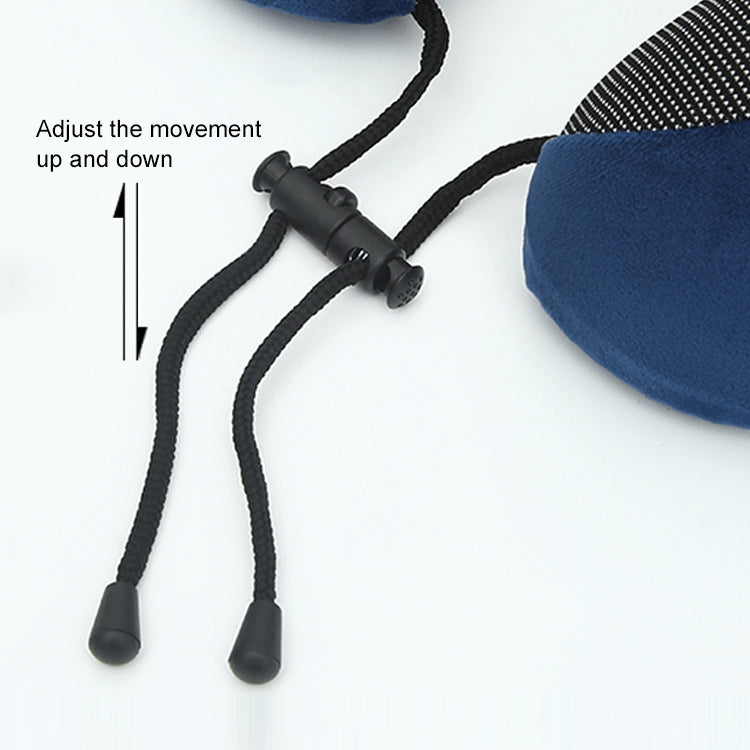 Blue U-shaped travel pillow with black adjustable cords and cord-stop fasteners
