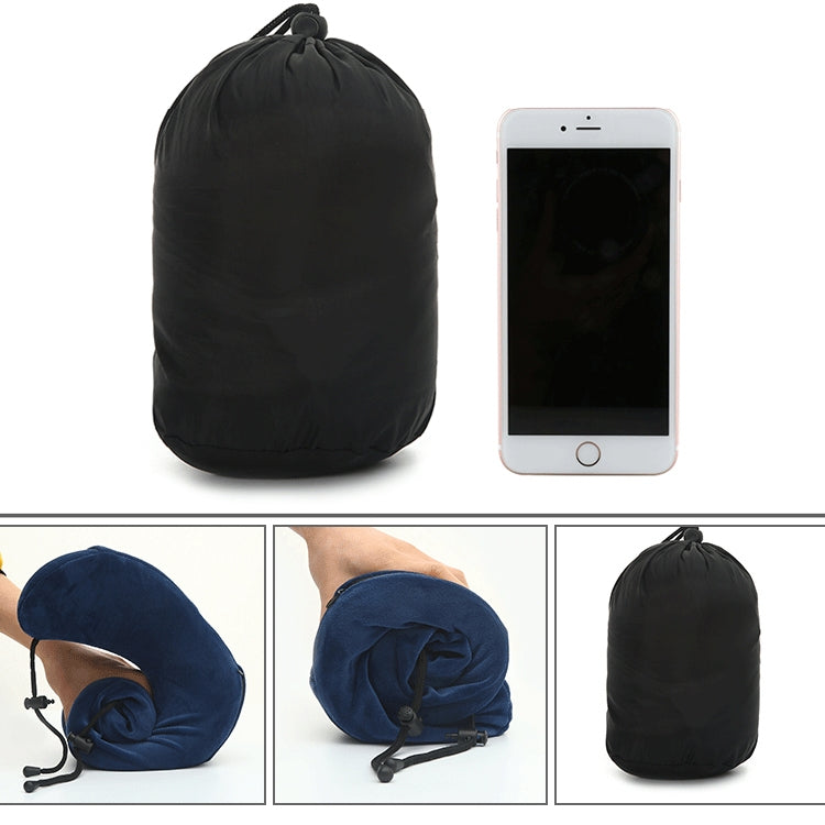 U-shaped travel memory foam pillow with black drawstring carry bag and phone pocket