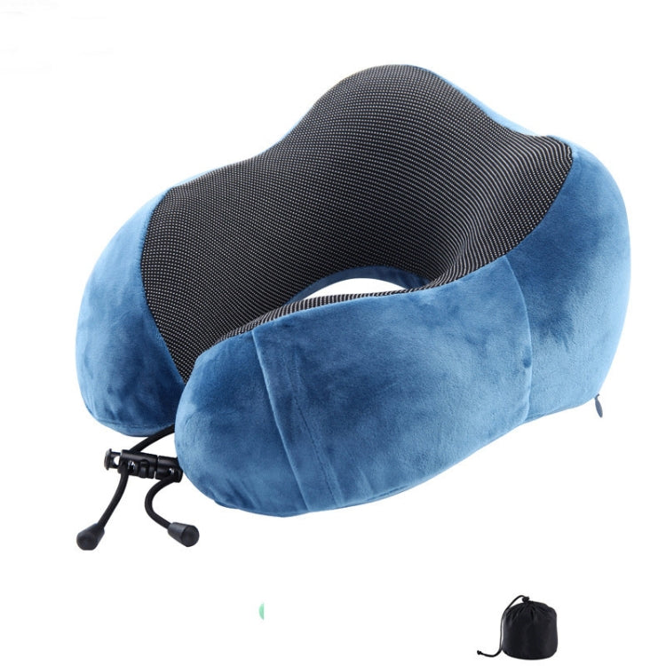 Blue U-shaped memory foam travel pillow with textured dark center and neck cutout