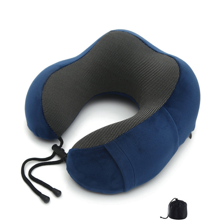Blue U-shaped travel memory foam pillow with dark center panel and neck support cutout