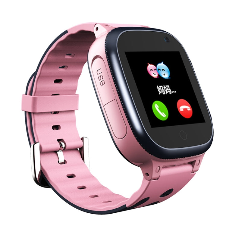 Pink kids smart watch phone with cartoon screen, black case, and silicone strap
