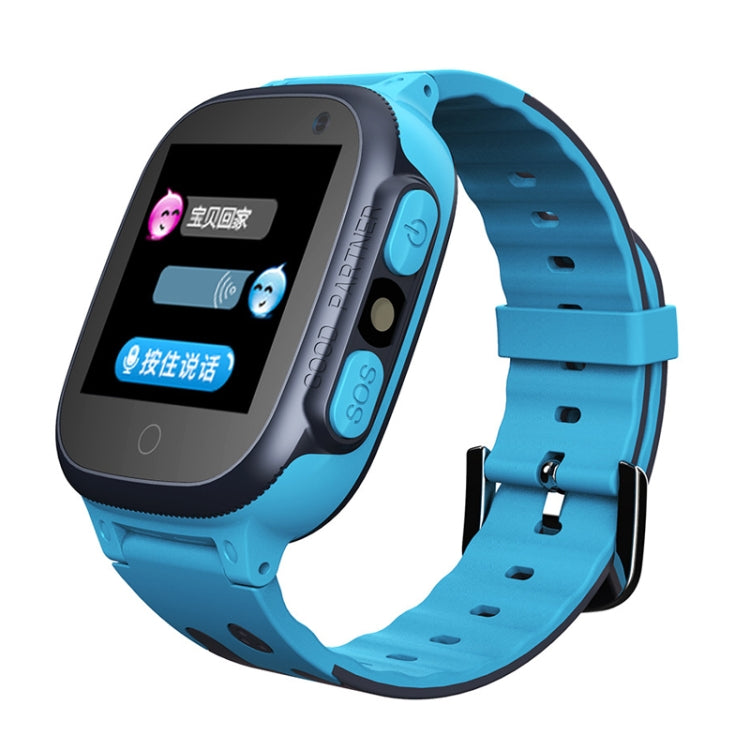 Blue kids smart watch phone with cartoon screen, black case, and silicone strap