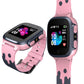 Pink kids smart watch phone angled view with colorful icons on the display
