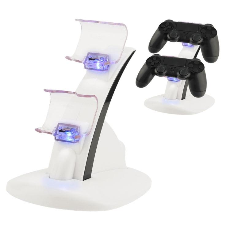 Dual controller charging stand with white base, dark frame, and two blue LED displays