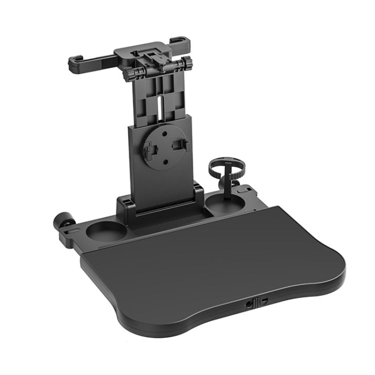 Car seat rotating tray table with cup holders and foldable base, black
